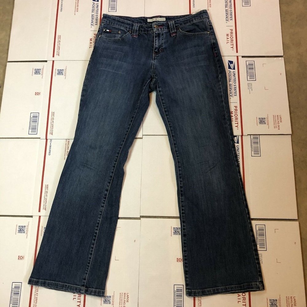 TOMMY HILFIGER Vintage Low Rise Flare Blue Denim Jeans Women's Sz 10 Pink Stitch